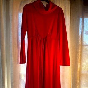 Vintage Late 60s/Early 70s Tomato Red High Neck Maxi Cocktail Dress